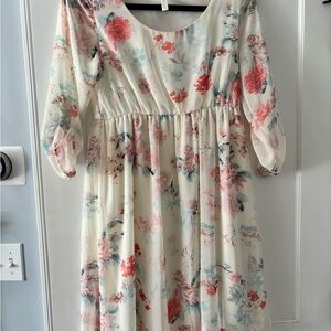 Pinkblush Cream and White floral maternity dress with Bishop Sleeves size small